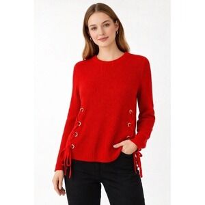 Michael Kors Red Ribbed Knit Lace Up Side Grommet Sweater Small
